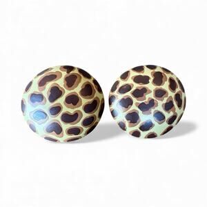 Vintage 80s Large Leopard Print Round Pierced Earrings Wooden Resin